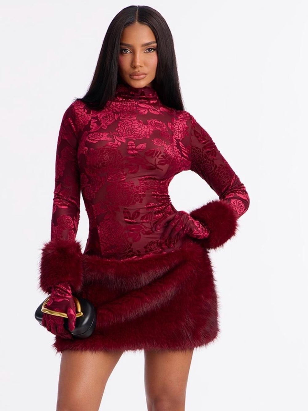 Fashion Nova Burgundy Floral Jacquard Faux-Fur Trim Mini Dress